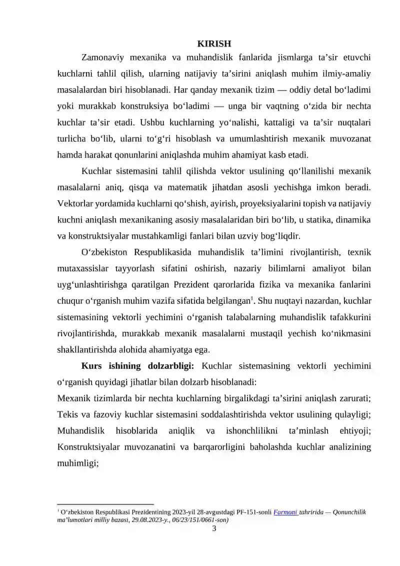 DEFORMATSIYALANUVCHI JISMLARDA KUCHLAR SISTEMASINI VEKTORLAR ORQALI MATEMATIK MODELLASHTIRISH 2