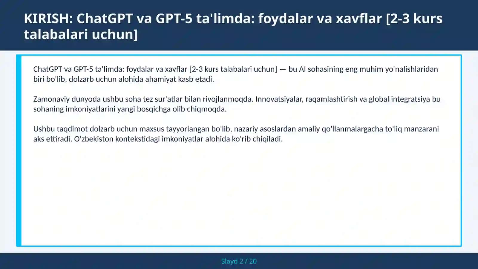 ChatGPT va GPT-5 ta'limda: foydalar va xavflar [2-3 kurs talabalari uchun] 2