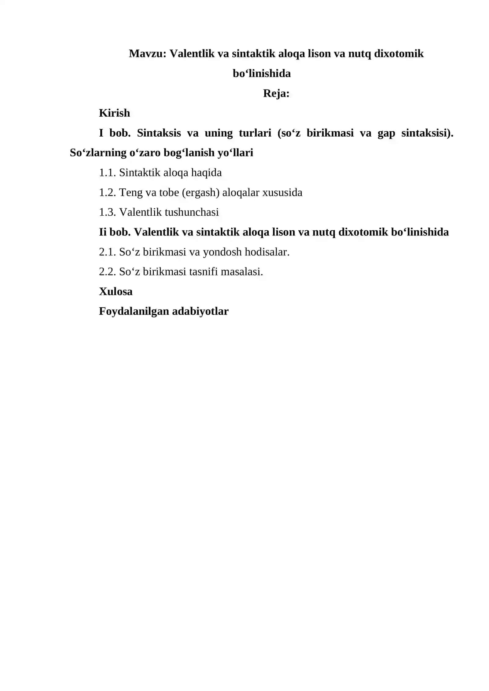 Valentlik va sintaktik aloqa lison va nutq dixotomik boʻlinishida 2