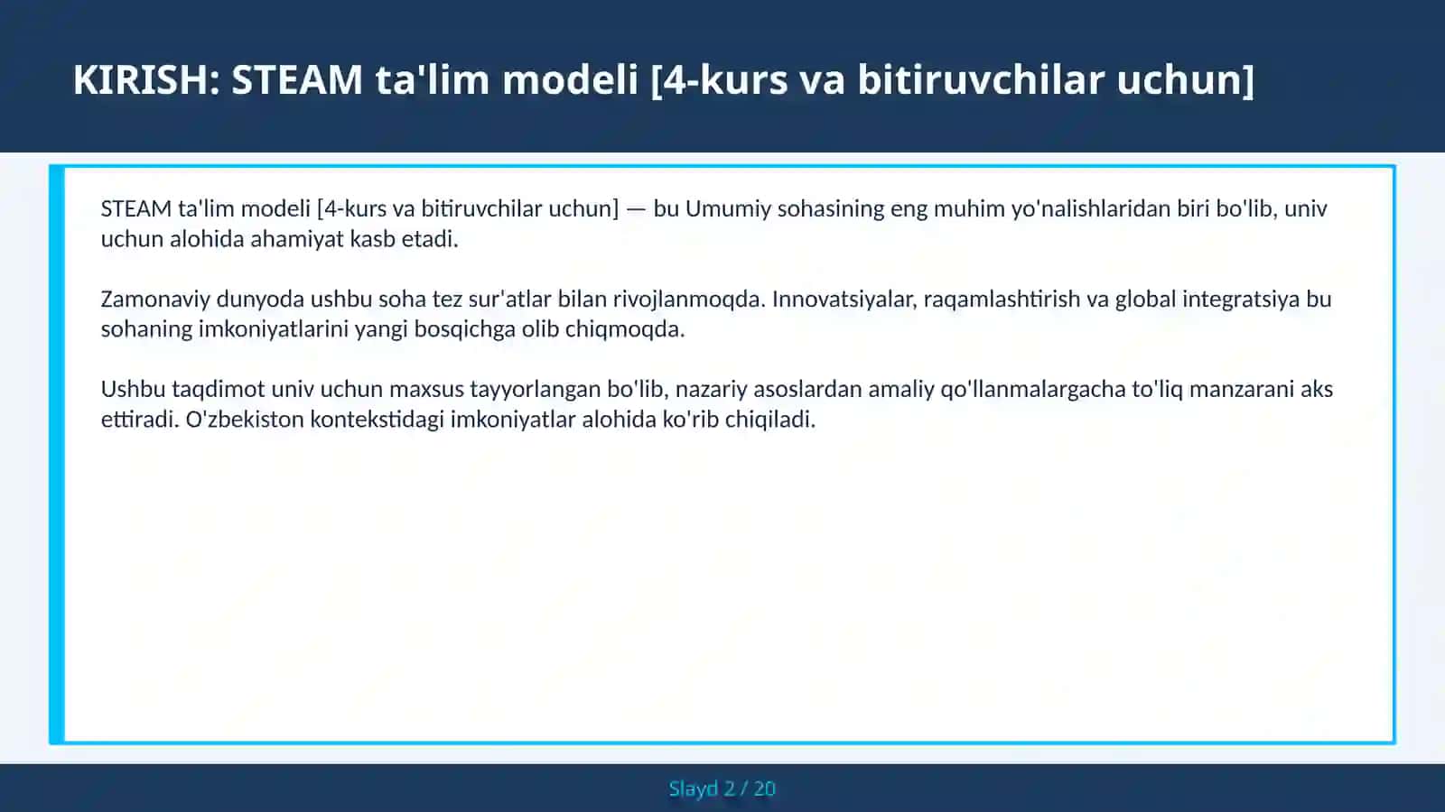 STEAM TA'LIM MODELI [4-KURS VA BITIRUVCHILAR UCHUN] 2