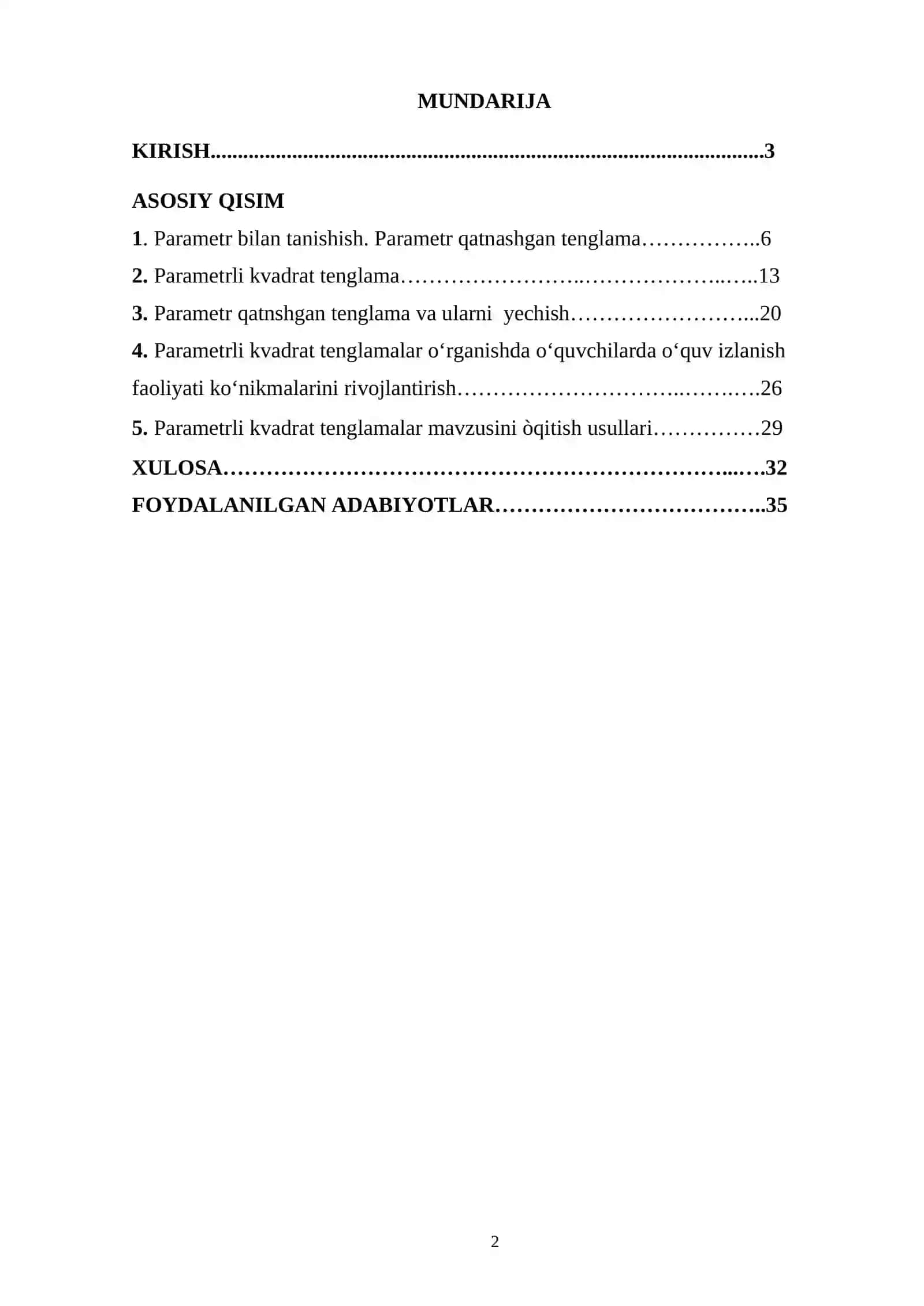 PARAMETRLI KVADRAT TENGLAMALAR MAVZUSINI ÒQITISH KURS ISHI 2