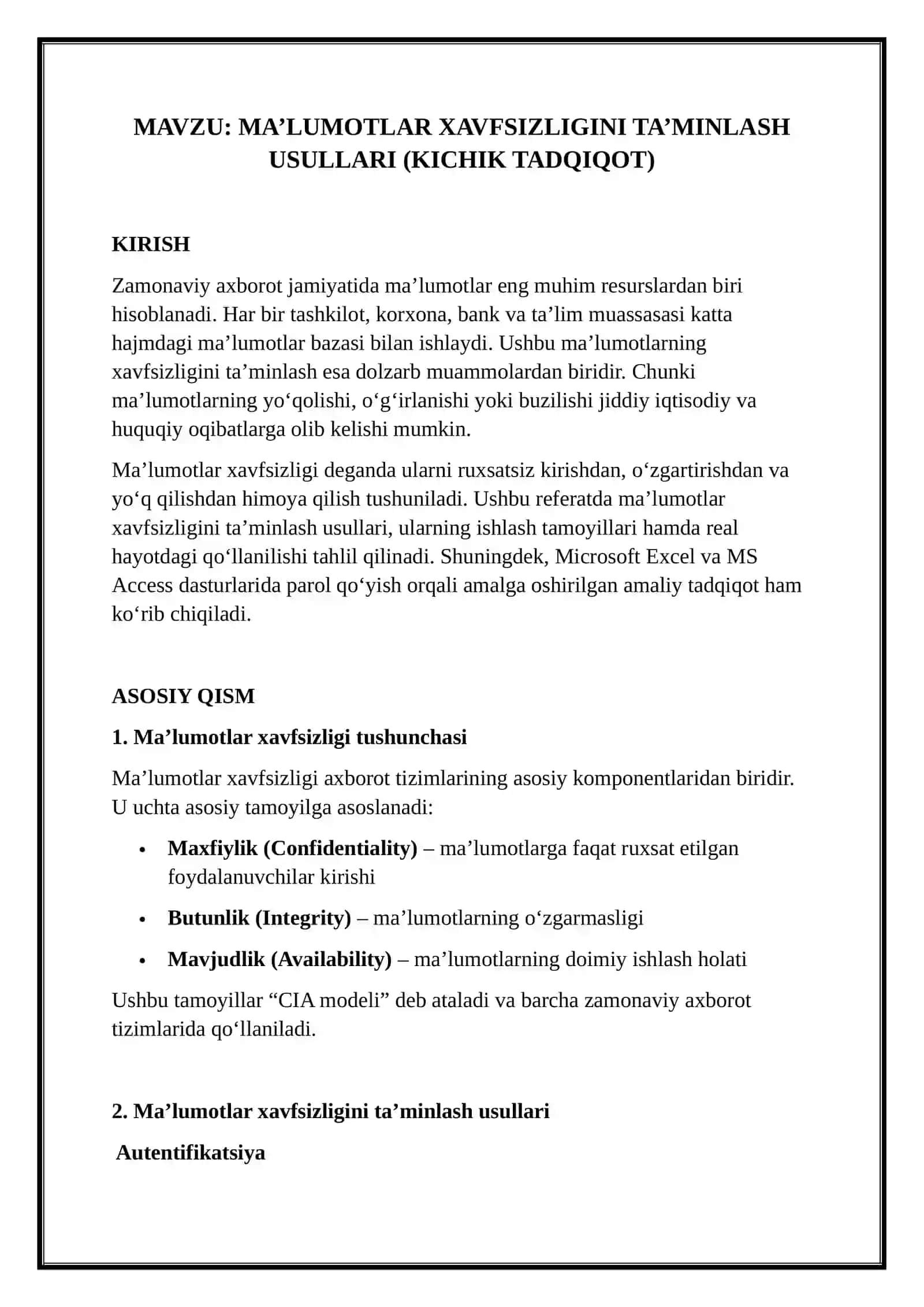 MA’LUMOTLAR XAVFSIZLIGINI TA’MINLASH USULLARI (KICHIK TADQIQOT) 2