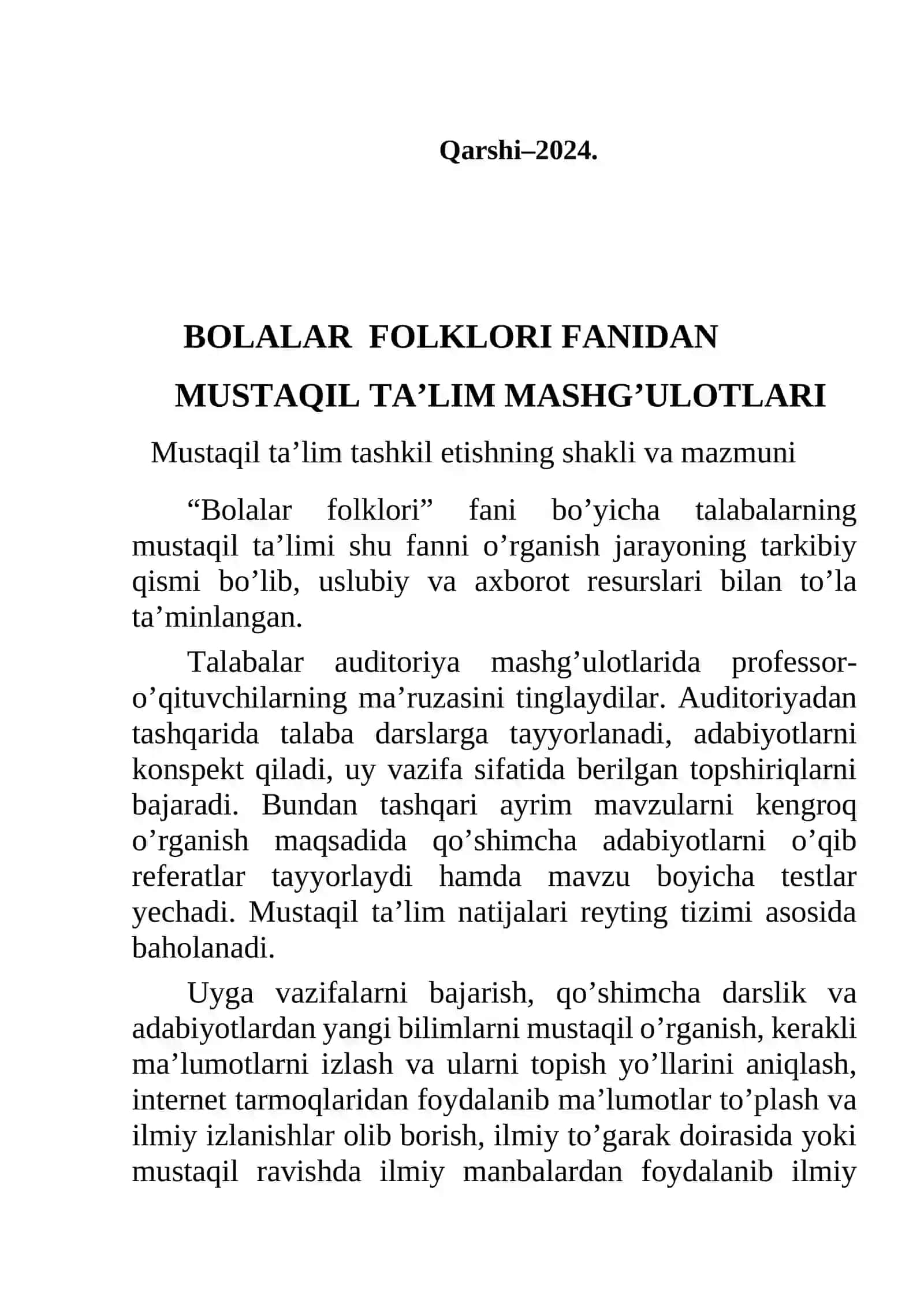 BOLALAR FOLKLORI MUSTAQIL TA’LIM MASHG’ULOTLARI 2