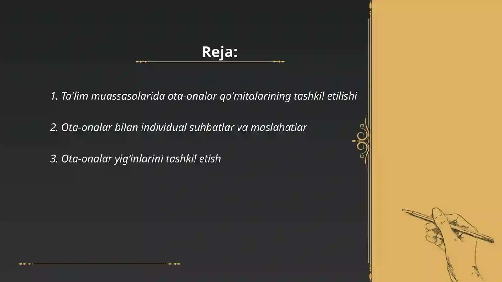 Ta'lim muassasasining ota-onalar va jamoatchilik bilan guruh tarkibidagi ishlash shakllari. Ota-onalar bilan hamkorlikni yòlga qòyishning pedagogik-psixologik shart-sharoitlari 2