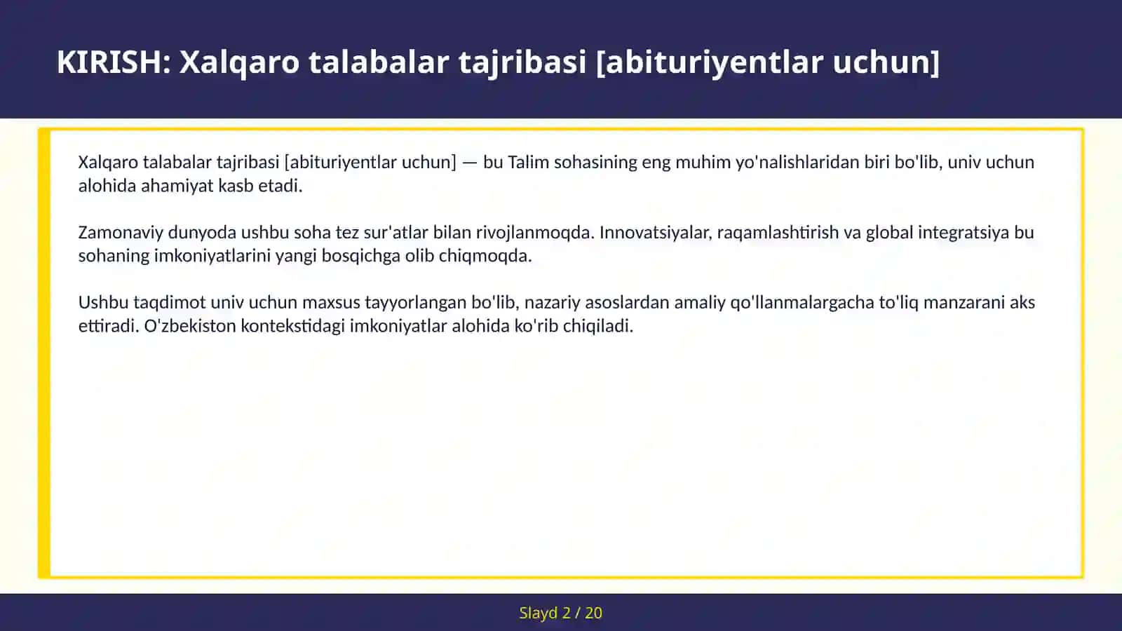 Xalqaro talabalar tajribasi [abituriyentlar uchun] 2