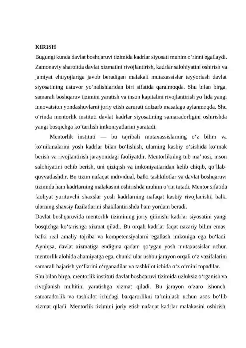 DAVLAT KADRLAR SIYOSATI SAMARADORLIGINI OSHIRISHDA MENTORLIK INSTITUTINI JORIY QILISH MEXANIZMLARI 2