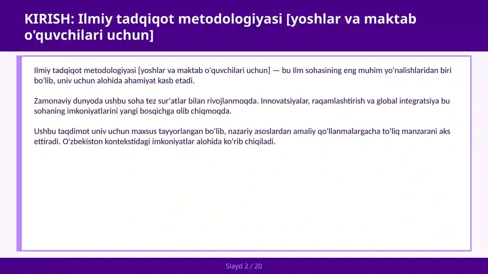 Ilmiy tadqiqot metodologiyasi [yoshlar va maktab o'quvchilari uchun] 2