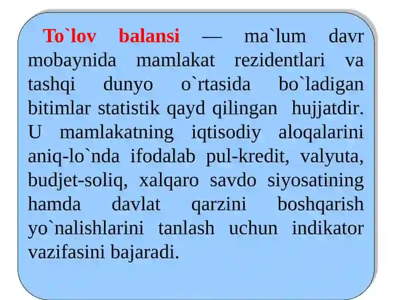 ТO'LOV BALANSI. VALYUTA KURSI 2