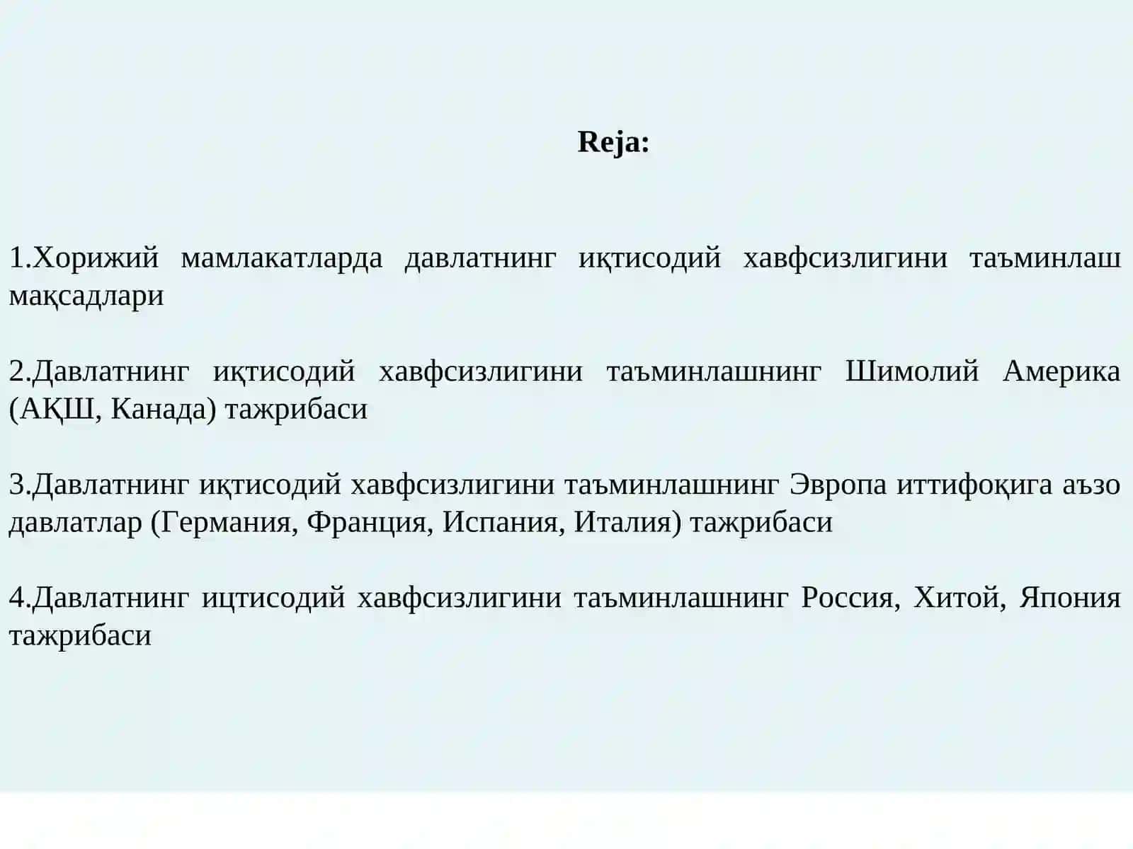 Хорижий мамлакатларнинг иқтисодий хавфсизликни таъминлаш бўйича тажрибалари 2