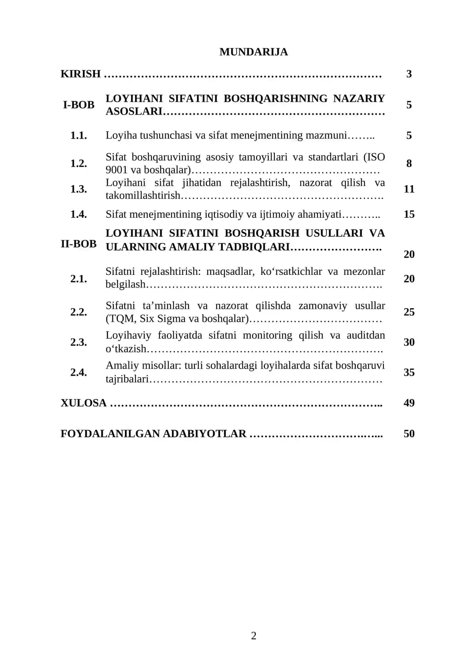 LOYIHANI SIFATINI BOSHQARISHNI TAHLIL QILISH 2