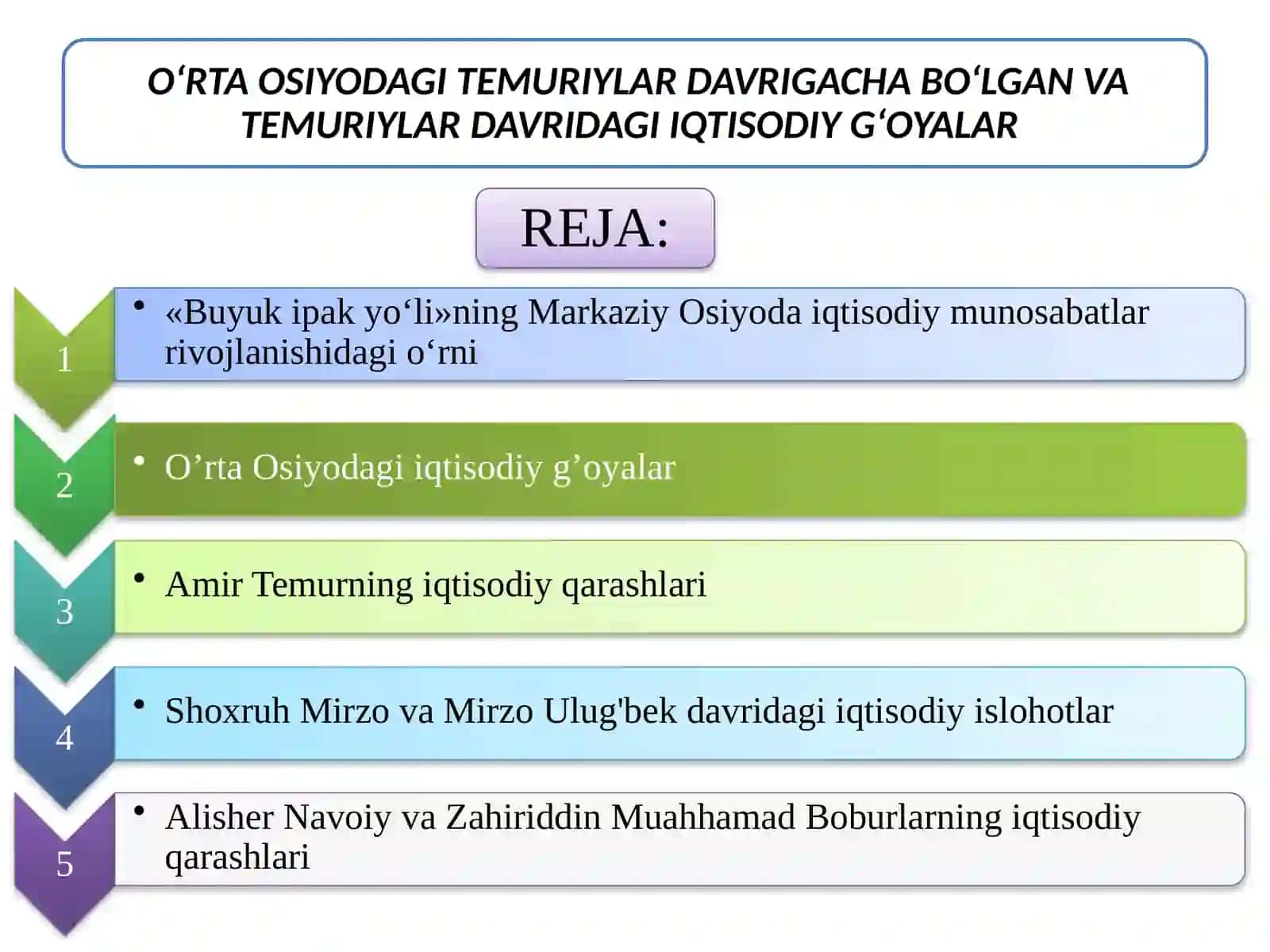Ўрта Осиёда Темурийлар давригача ва Амир Темур ва Темурийлар давридаги иқтисодий ўялар ва иқтисодий сиёсат 2