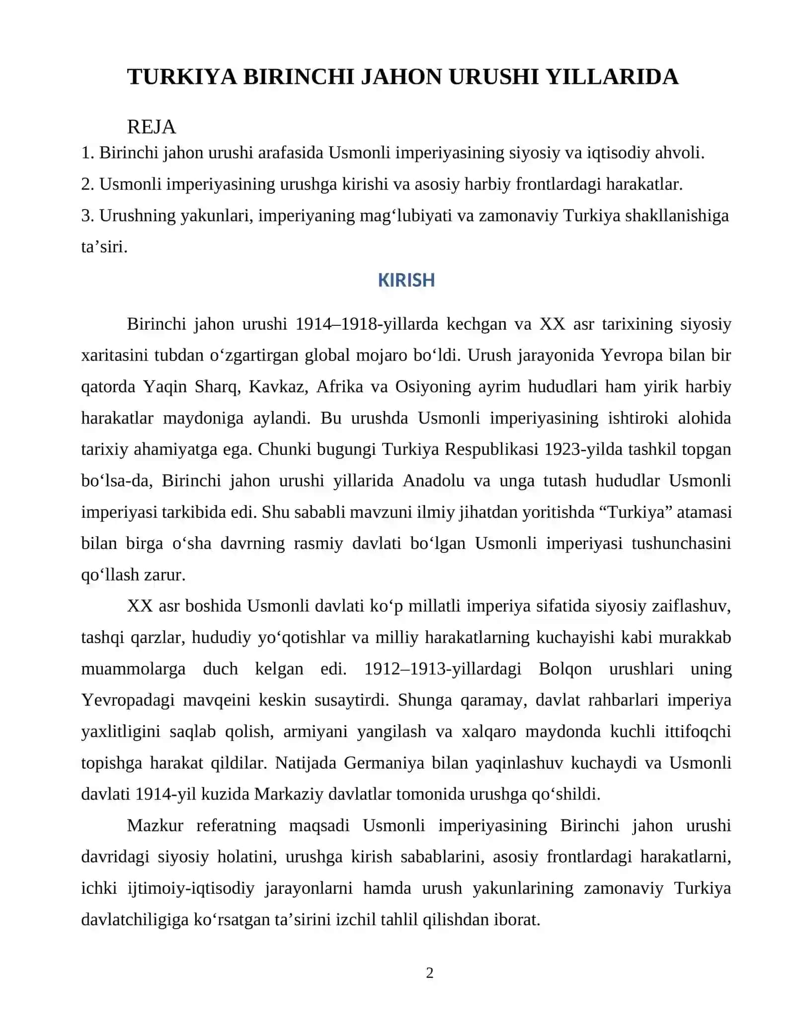 TURKIYA BIRINCHI JAHON URUSHI YILLARIDA JAHON TARIXI FANIDAN 303-GURUH TARIX YO’NALISHI SIRTQI TA’LIM TALABASI 2