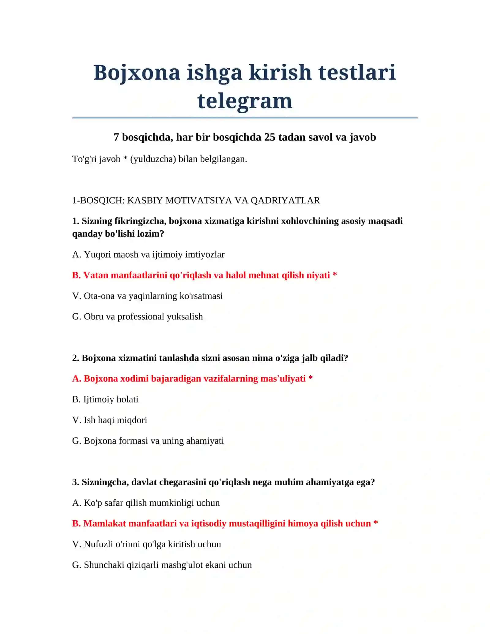 Bojxona ishga kirish testlari telegram 2