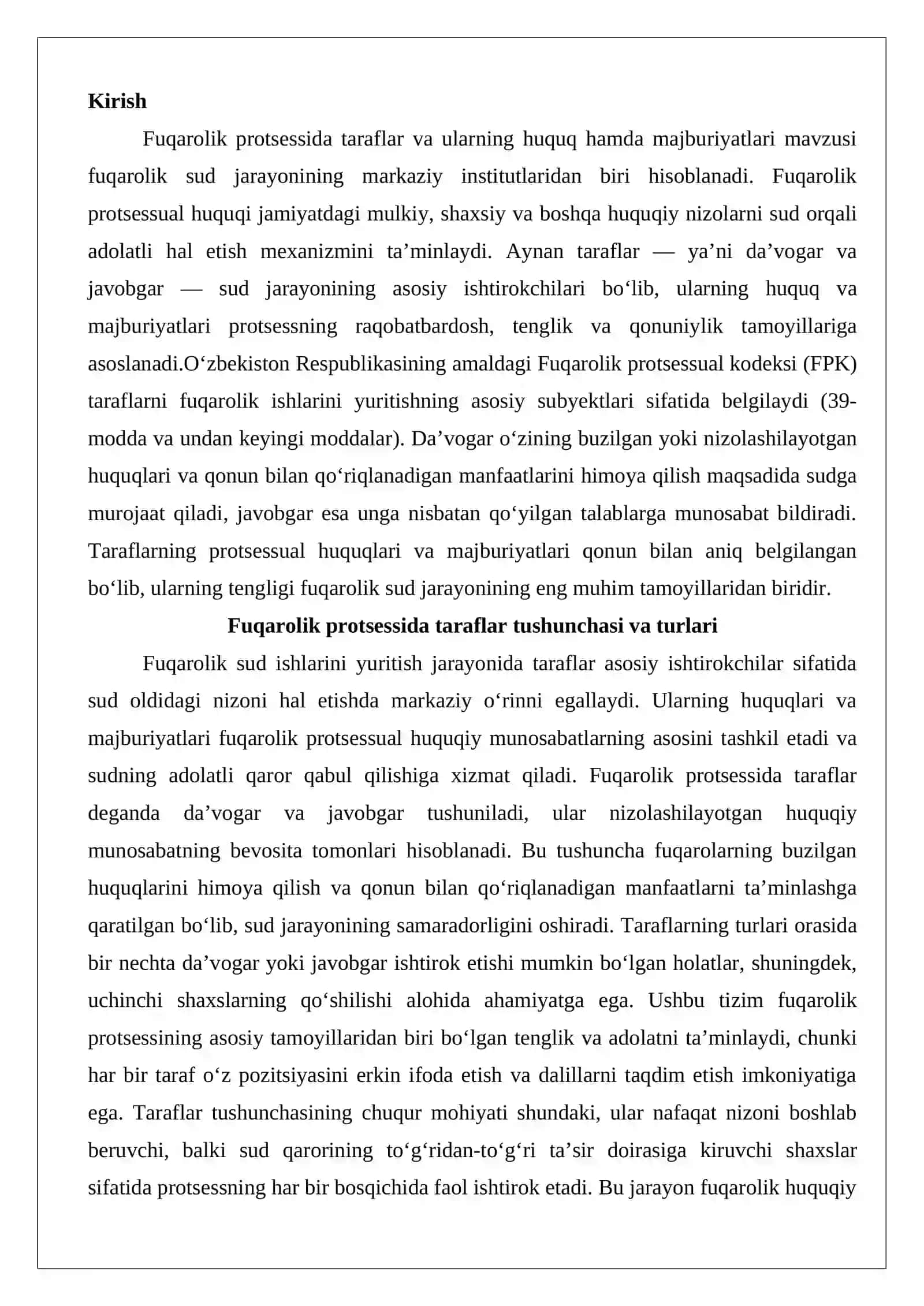 Fuqarolik protsessida taraflar va ularning protsessual huquq hamda majburiyatlari 2