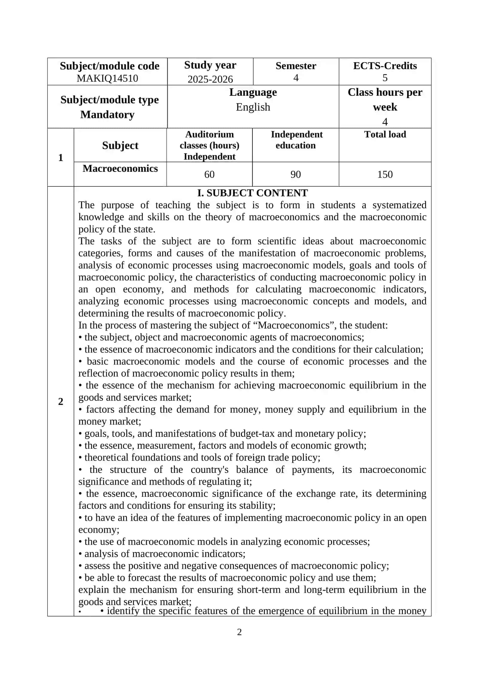 Curriculum of Macroeconomics 2