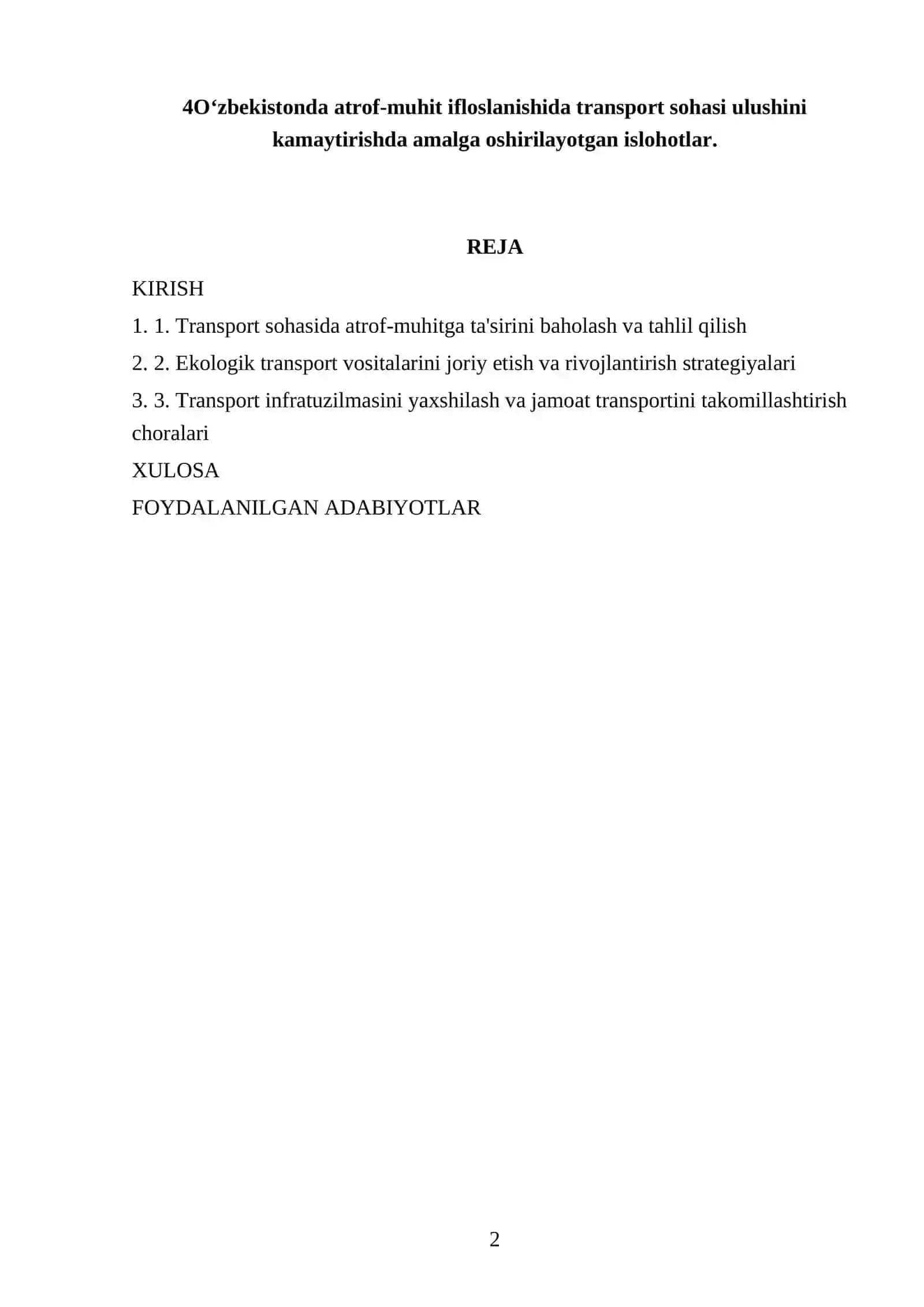 Atrof-muhit ifloslanishida transport sohasi ulushini kamaytirish 2