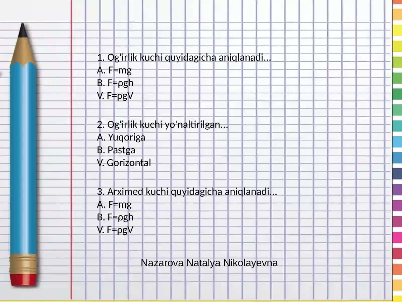 Fizika - Og'irlik kuchi va Arximed kuchi (7-sinf) 2