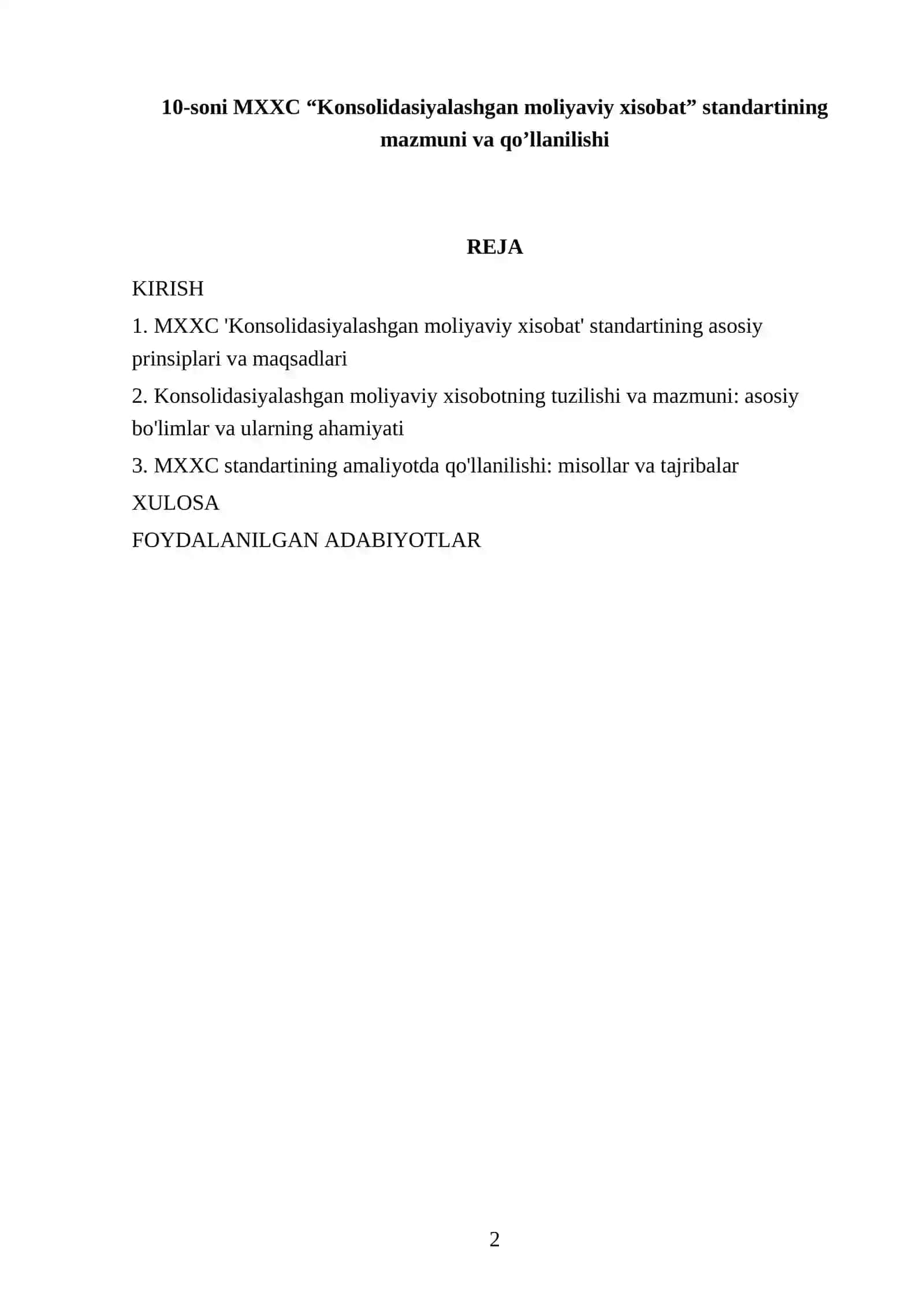 10-soni MXXC “Konsolidasiyalashgan moliyaviy xisobat” standartining mazmuni va qo’llanilishi 2