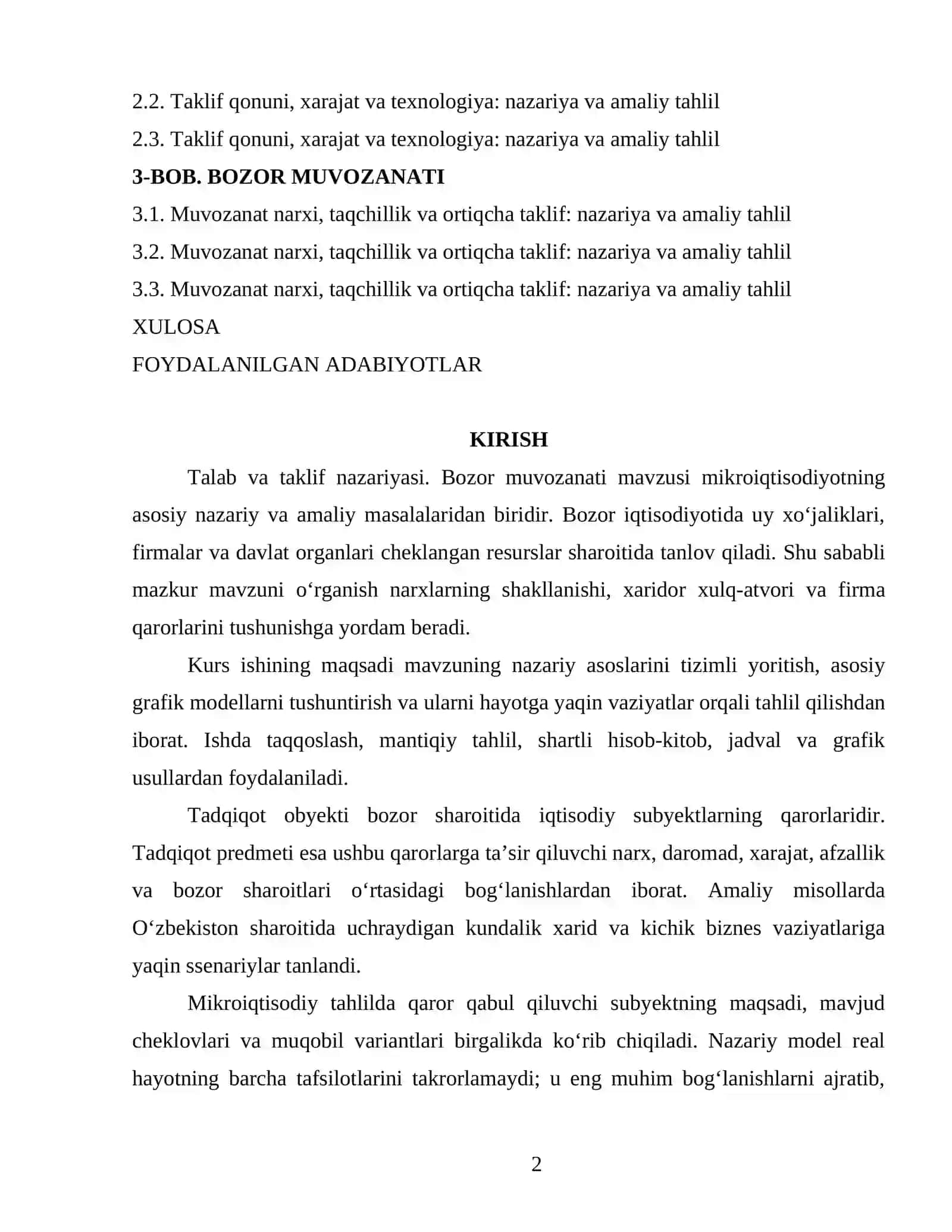 TALAB VA TAKLIF NAZARIYASI. BOZOR MUVOZANATI 2