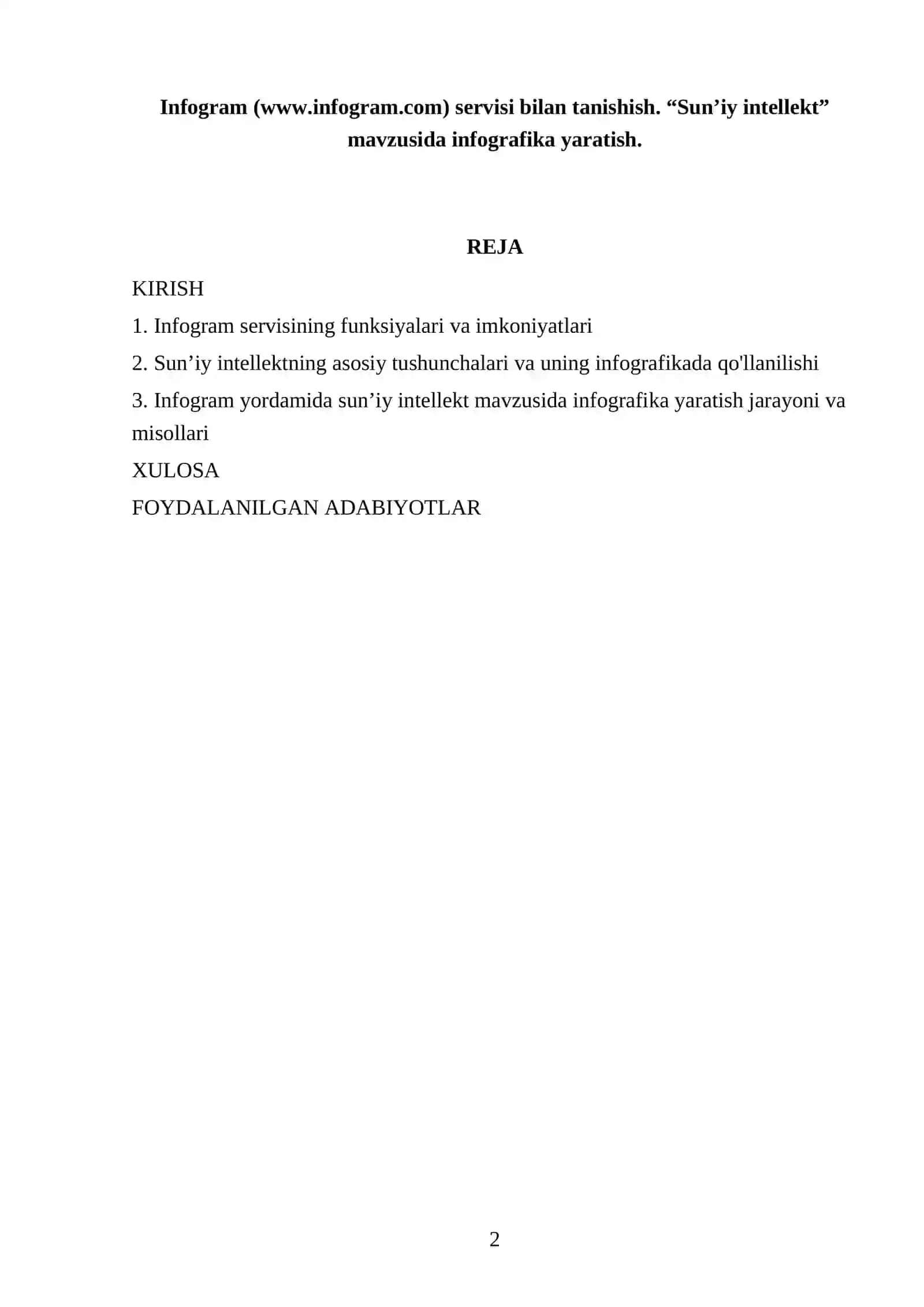 Infogram (www.infogram.com) servisi bilan tanishish. “Sun’iy intellekt” mavzusida infografika yaratish 2