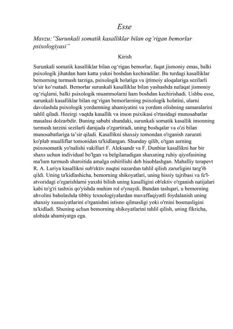 Surunkali somatik kasalliklar bilan og’rigan bemorlar psixologiyasi 2