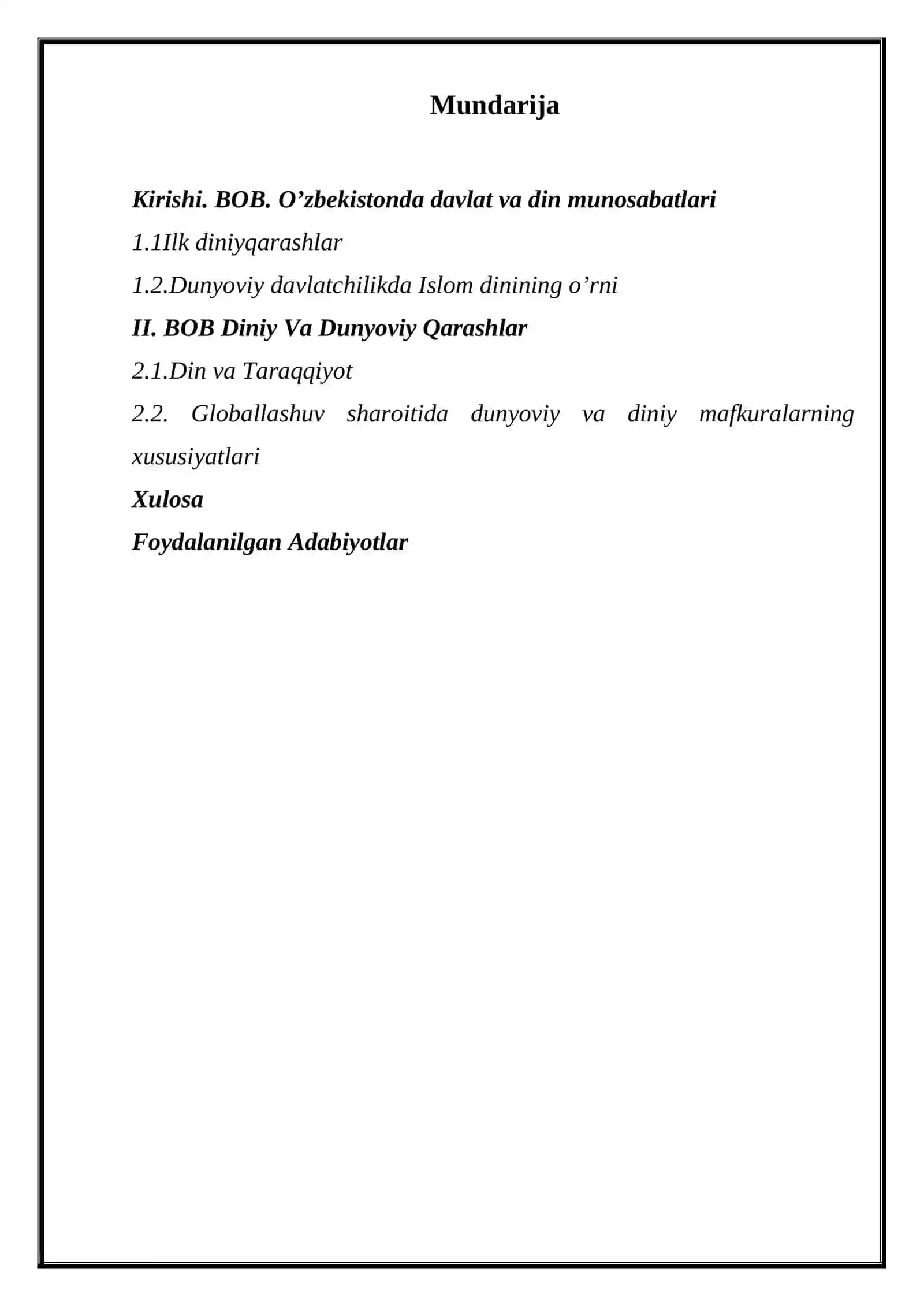 Diniy mavzuga iqtisoslashuvda diniy bilim va ilmar ahamiyatiga ega bilim va ko'nikmalar kurs ishi 2