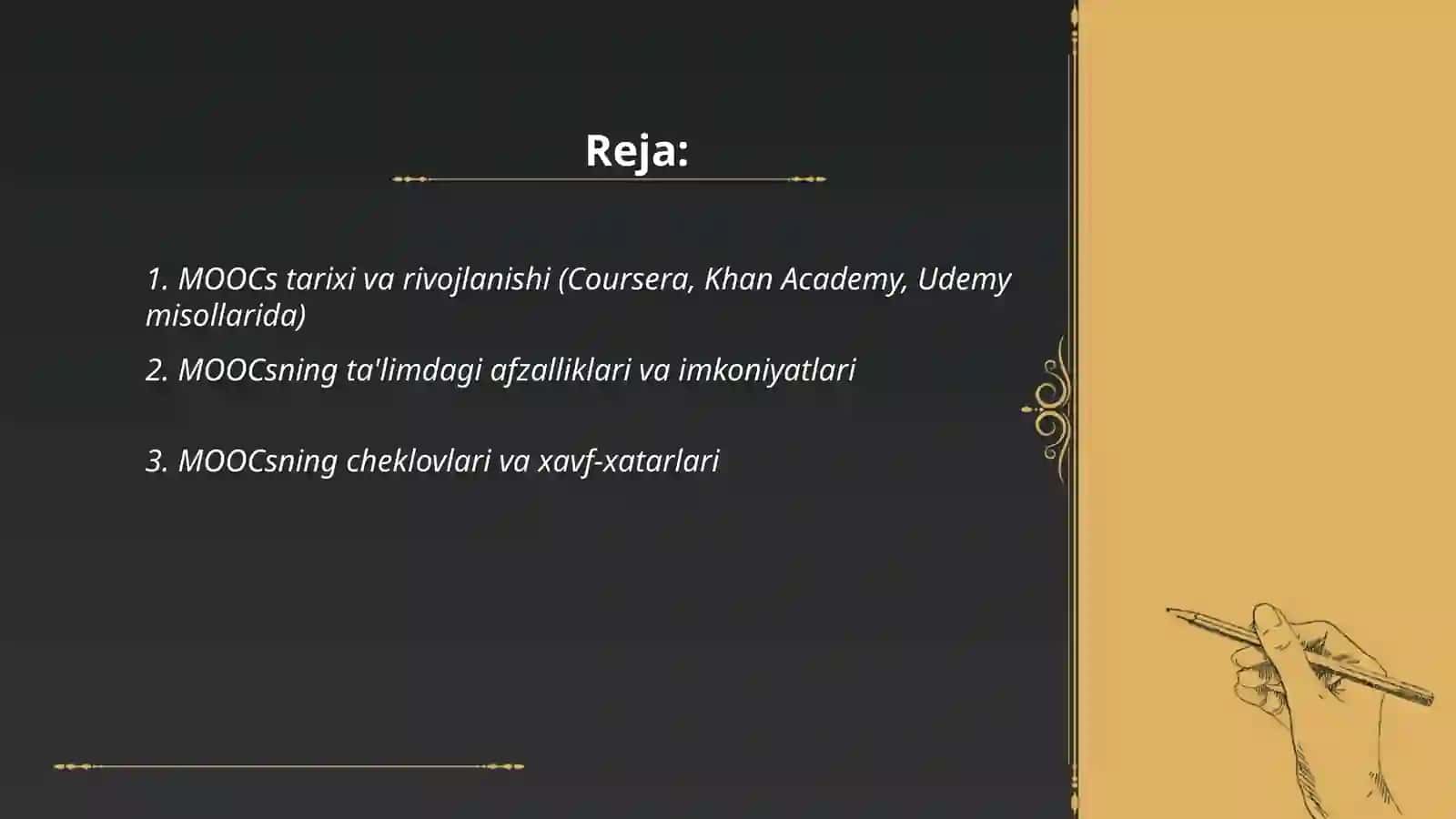 MOOCs tarixi va rivojlanishi (Coursera, Khan Academy, Udemy misollarida) 2
