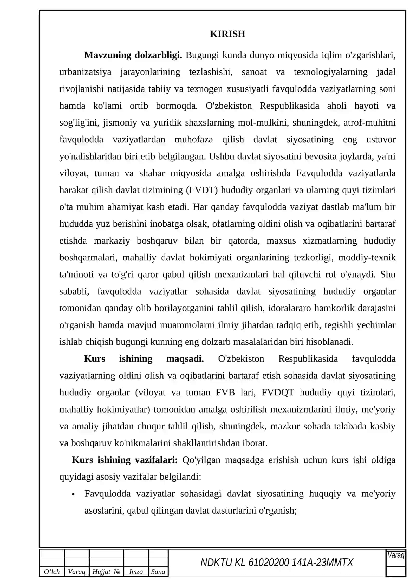 Favqulodda vaziyatlar sohasidagi davlat siyosatining huquqiy meʼyoriy asoslari (KURS ISHI 3-4-5KURS) 2