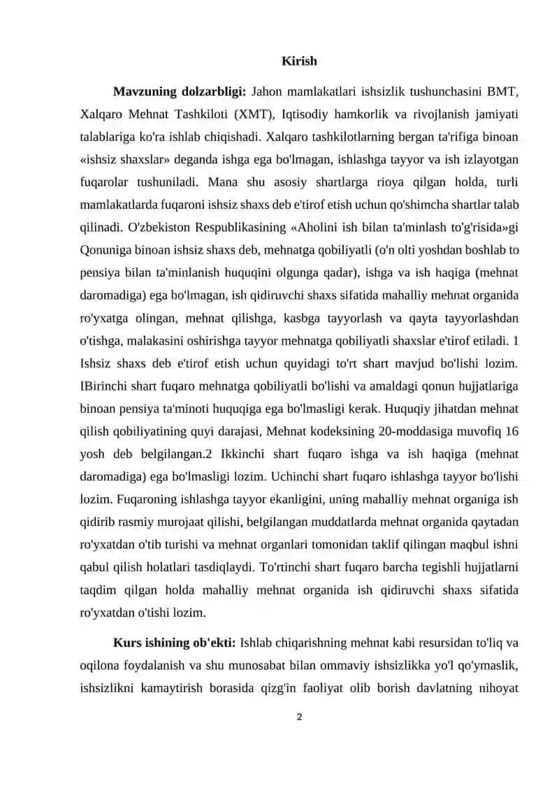 Mavzuning dolzarbligi: Jahon mamlakatlari ishsizlik tushunchasini BMT, Xalqaro Mehnat Tashkiloti (XMT), Iqtisodiy hamkorlik va rivojlanish jamiyati talabl 2