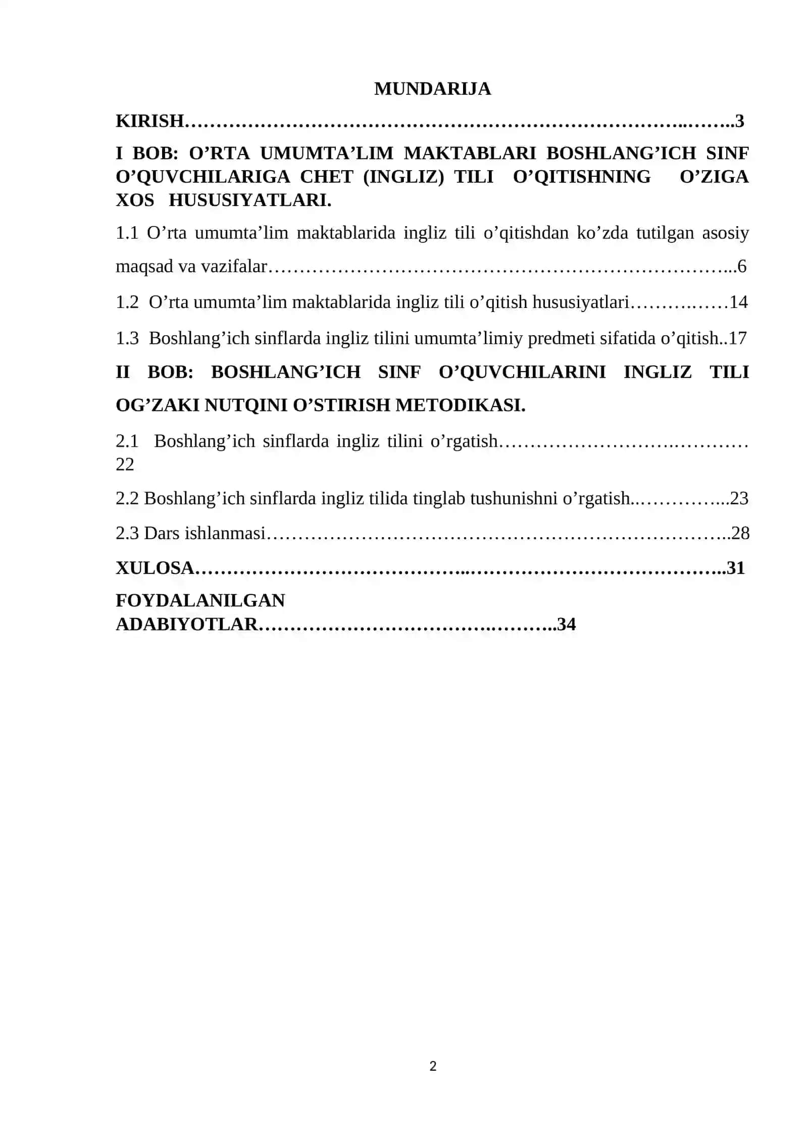 "INGLIZ TILIDA HIKOYALARNI O'RGATISH ISHLANMA LOYIHASI" MAVZUSIDAGI KURS ISHI 2