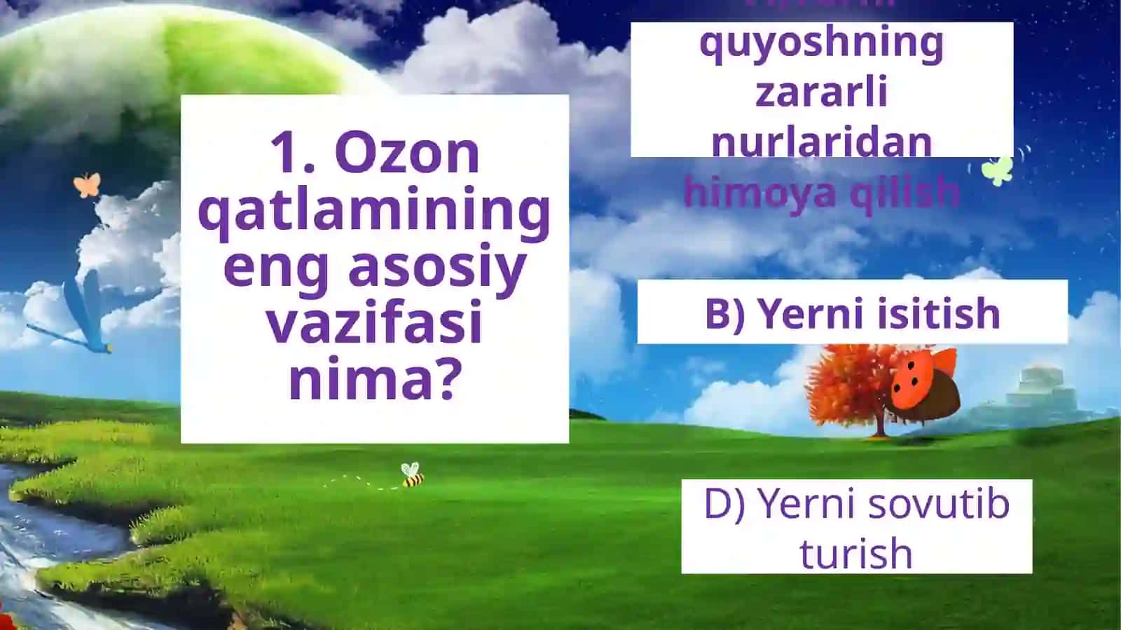 “Ozonqatlami” audiyo matni yuzasidan test topshirig`i 2