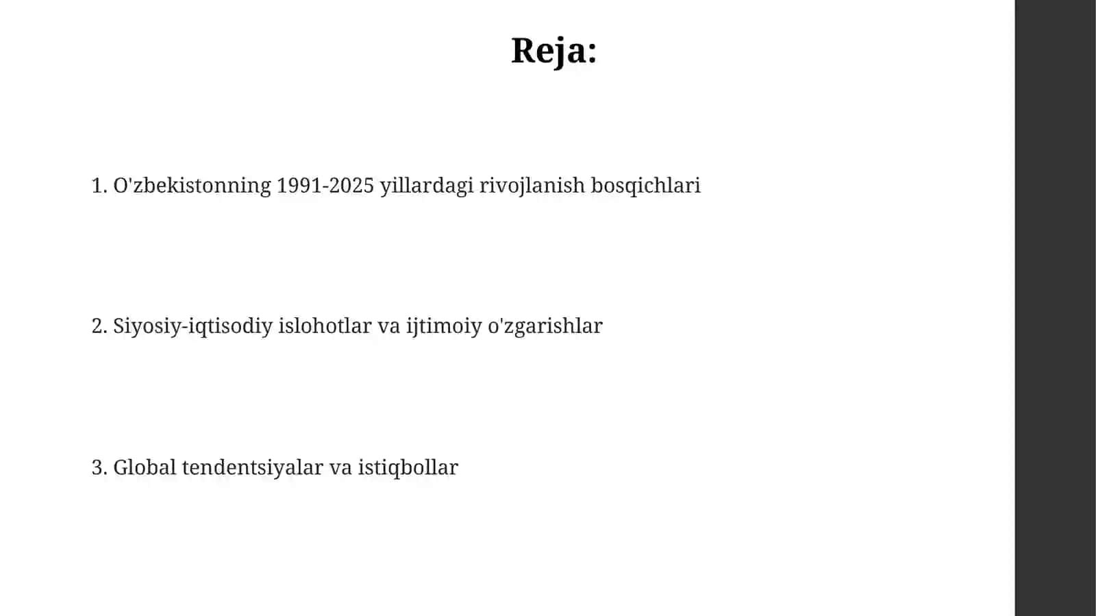 O'zbekistonning mustaqillik yillaridagi siyosiy va iqtisodiy islohotlari (1991-2025) 2