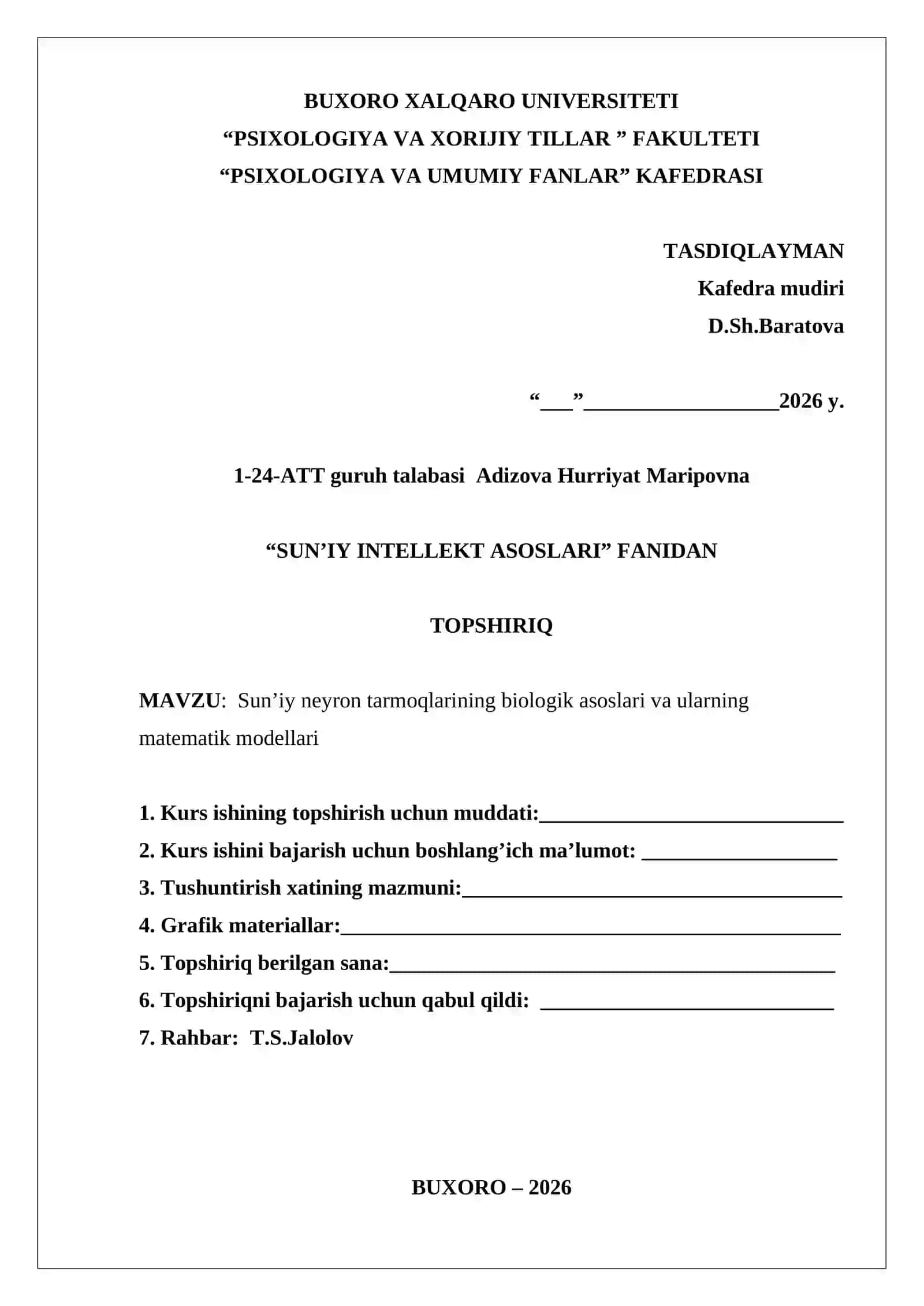 Sun’iy neyron tarmoqlarining biologik asoslari va ularning matematik modellari 2