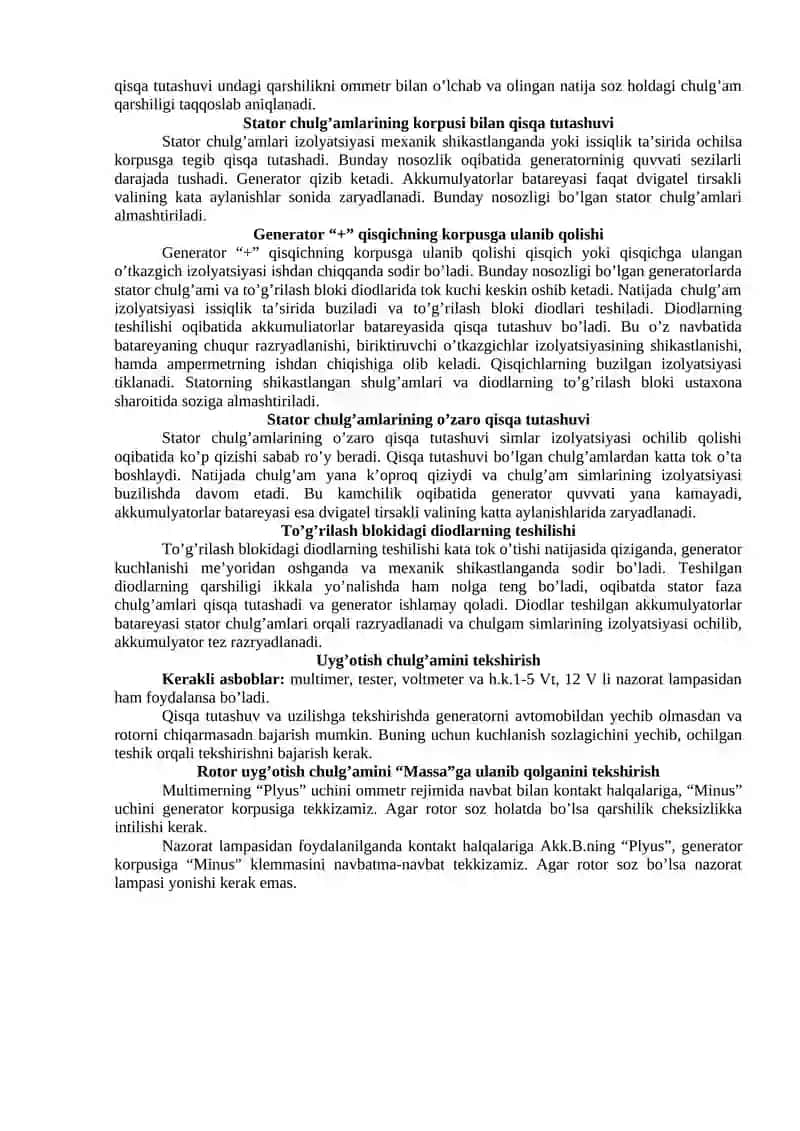 2-tajriba ishi) Avtomobilning elektr va elektron jihozlariga texnik xizmat ko'rsatish va ta'mirlash ishlari texnologiyasi 2