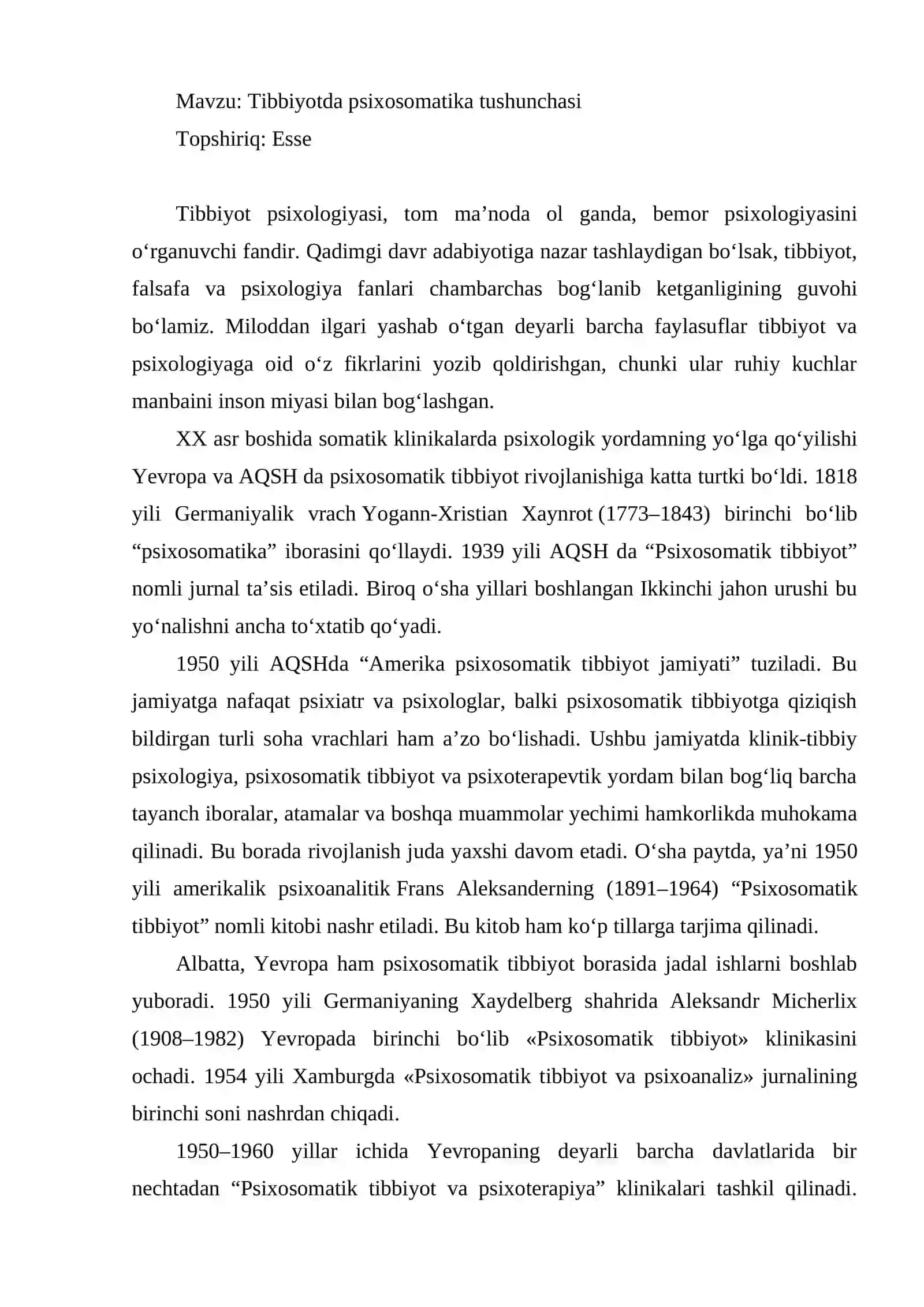 Mavzu: Tibbiyotda psixosomatika tushunchasi Topshiriq: Esse 2
