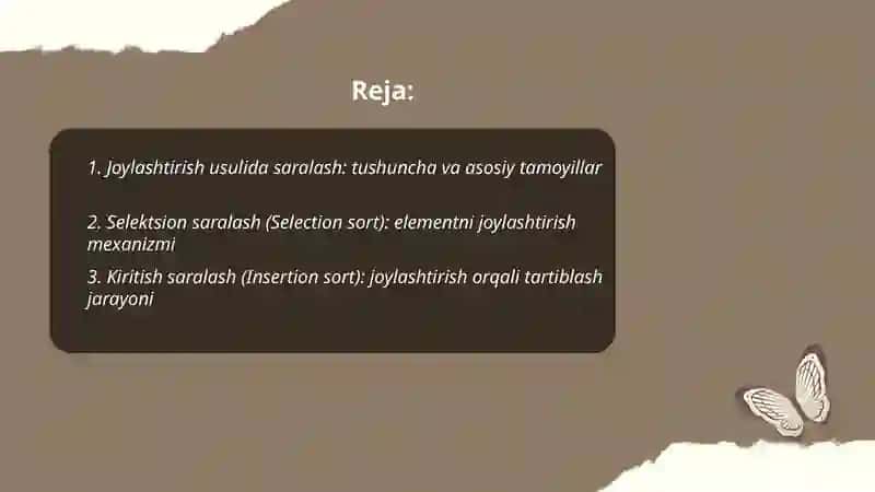 Joylashtirish usulida saralash algoritmlari 2