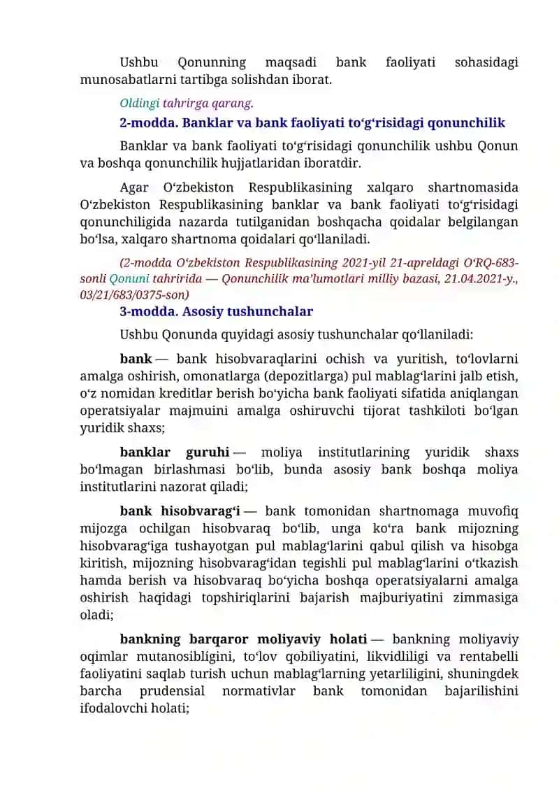 O‘zbekiston Respublikasining Qonuni “Banklar va bank faoliyati to‘g‘risida”gi O‘zbekiston Respublikasi Qonuniga O‘zgartish va Qo‘shimchalar Kiritish Haqida 2