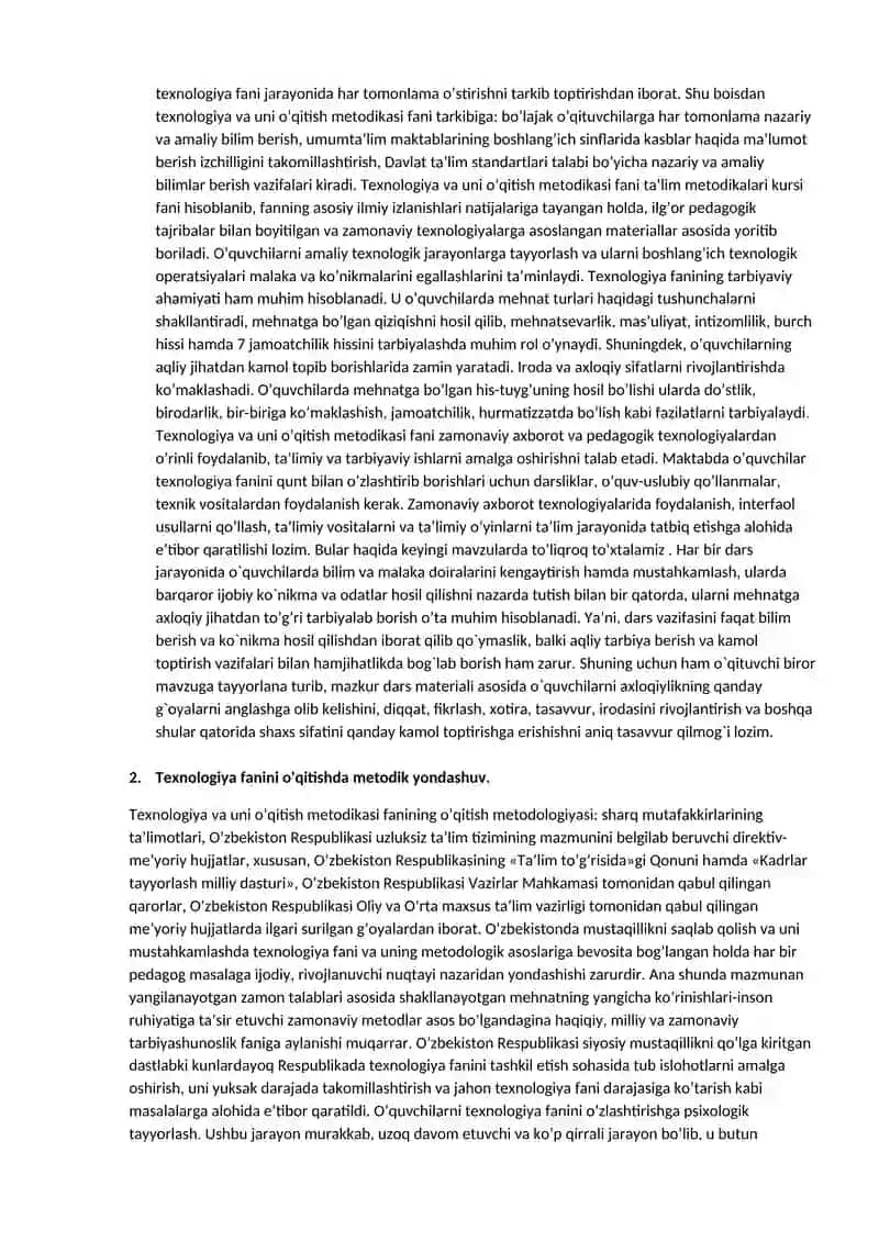 Texnologiya va uni o’qitish metodikasi 2