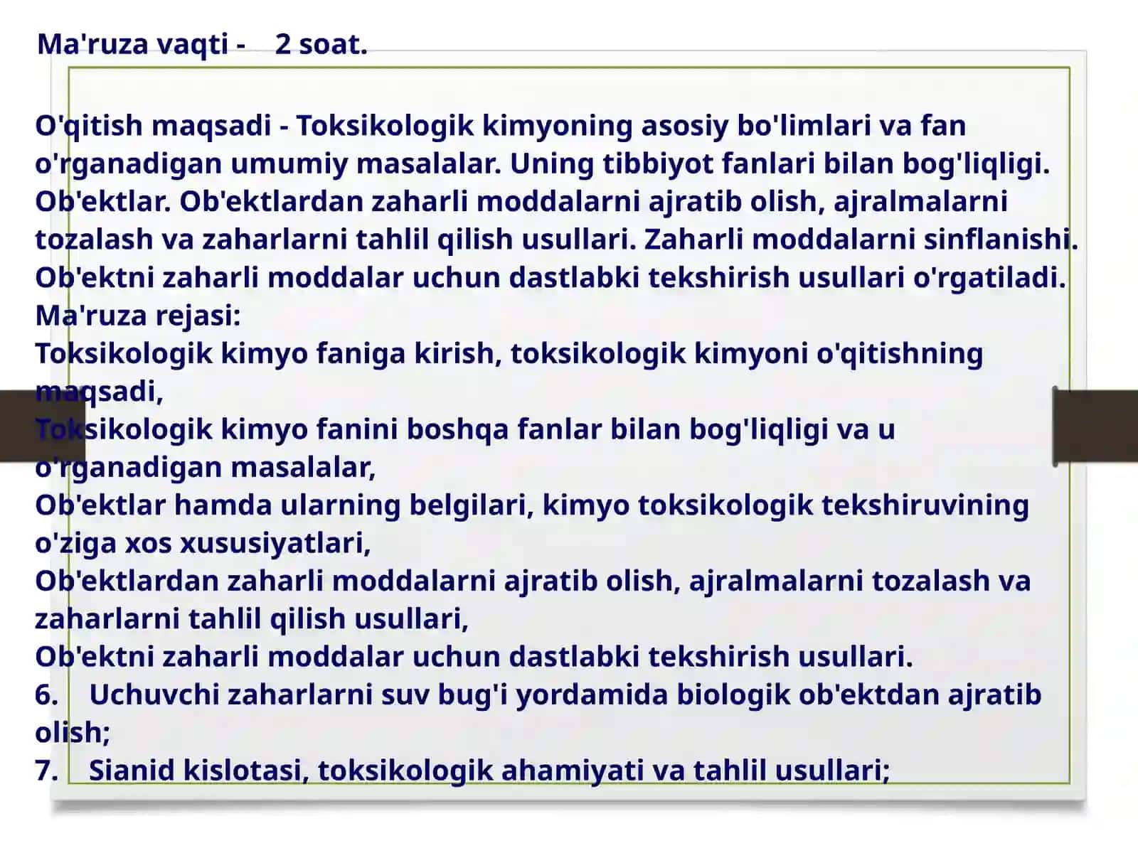 Kirish.Toksikologikkimyoningasosiymasalalari 2