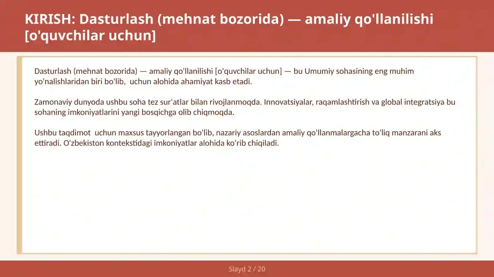 Dasturlash (mehnat bozorida) — amaliy qo'llanilishi [o'quvchilar uchun] 2