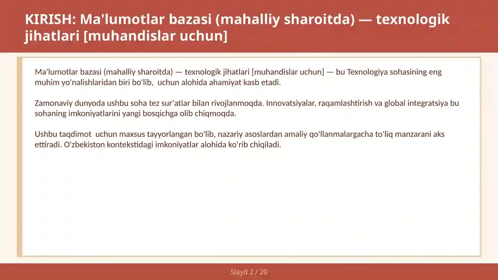 Ma'lumotlar bazasi (mahalliy sharoitda) — texnologik jihatlari [muhandislar uchun] 2
