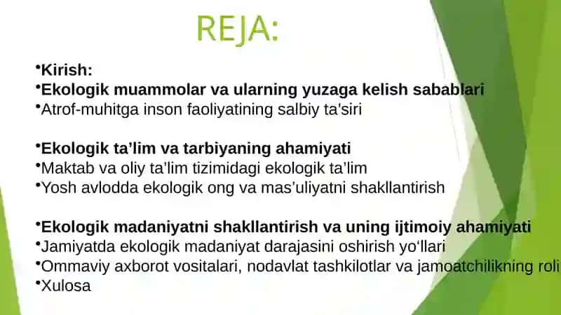 Ekologik ta’lim, tarbiya va madaniyatning ekologik muammolarni oldini olishdagi o’rni va roli 2