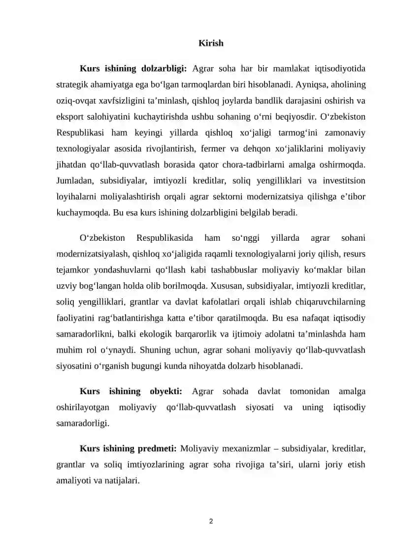 Agrar sohani moliyaviy qo’llab quvvatlash siyosati 2