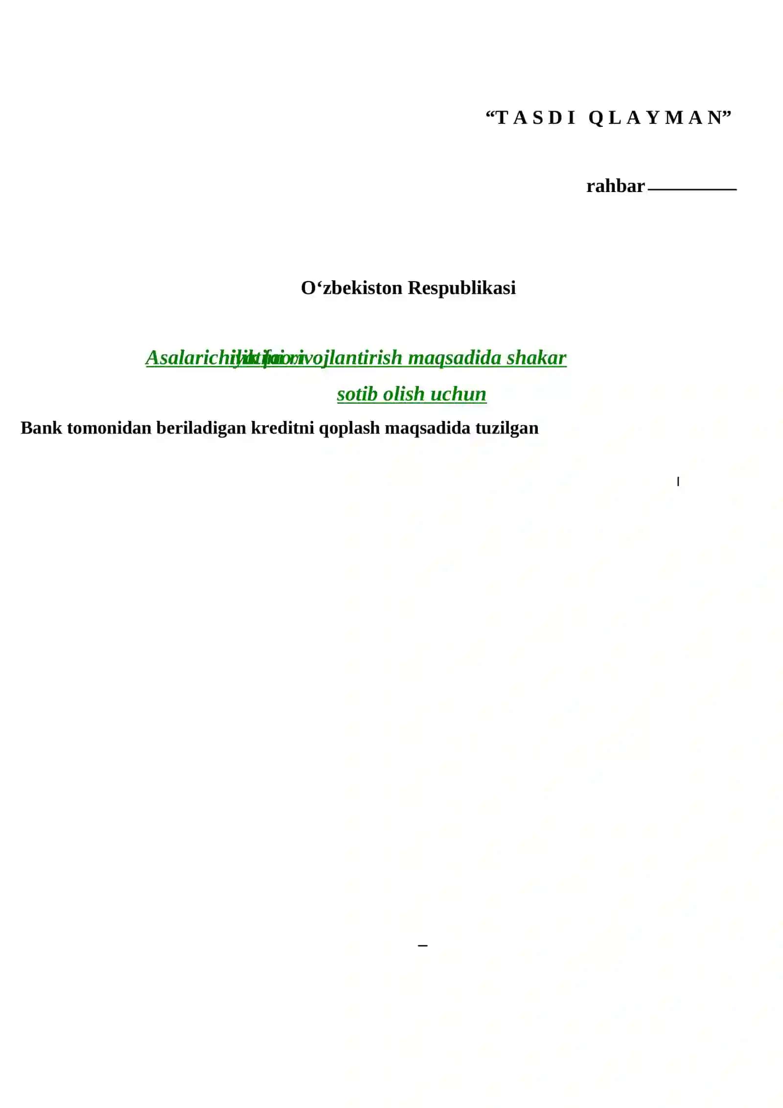 ASALARICHILIK FAOLIYATINI TASHKIL QILISH BIZNES REJASI 2