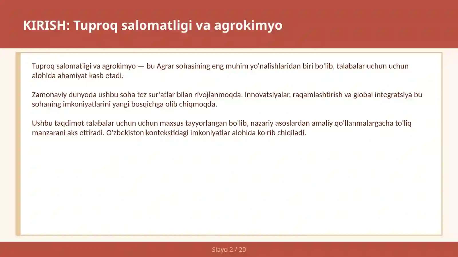 Tuproq salomatligi va agrokimyo 2