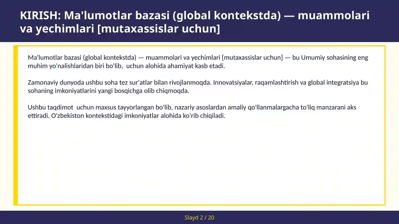 MA'LUMOTLAR BAZASI (GLOBAL KONTEKSTDA) — MUAMMOLARI VA YECHIMLARI 2