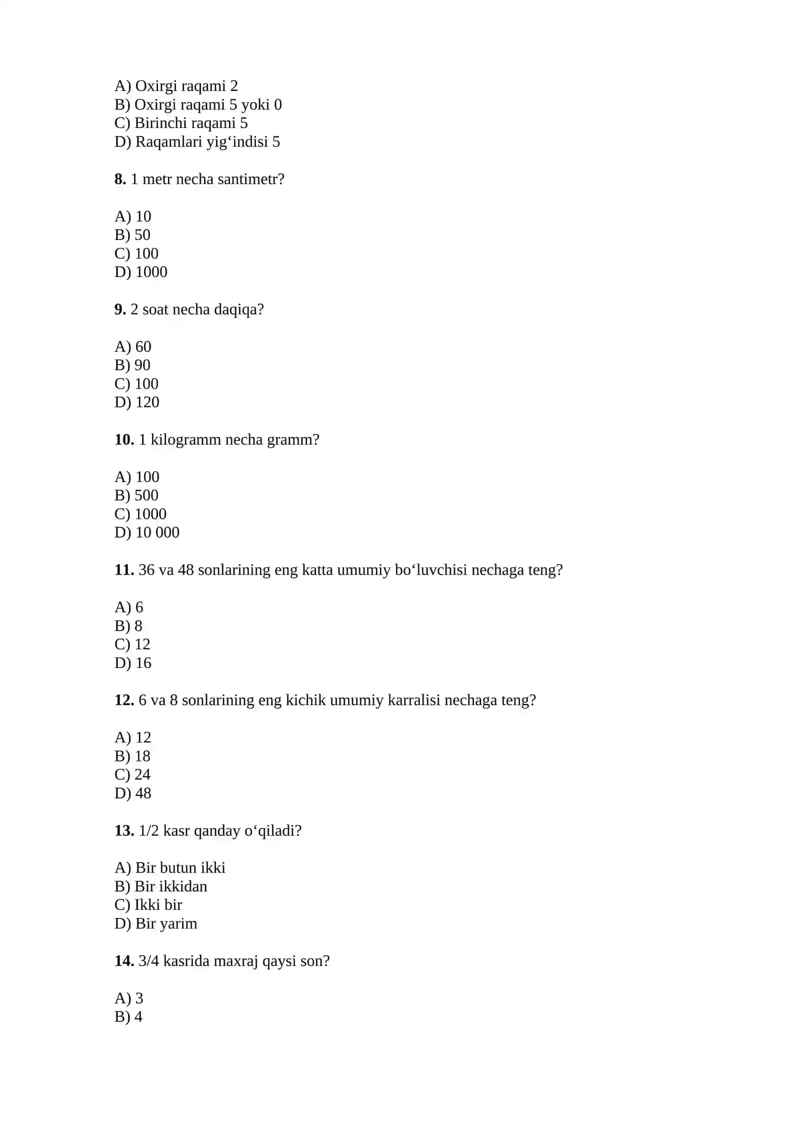 5-SINF MATEMATIKA FANIDAN TESTLAR 2