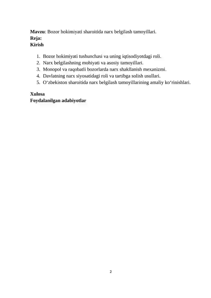 Bozor hokimiyati sharoitida narx belgilash tamoyillari 2