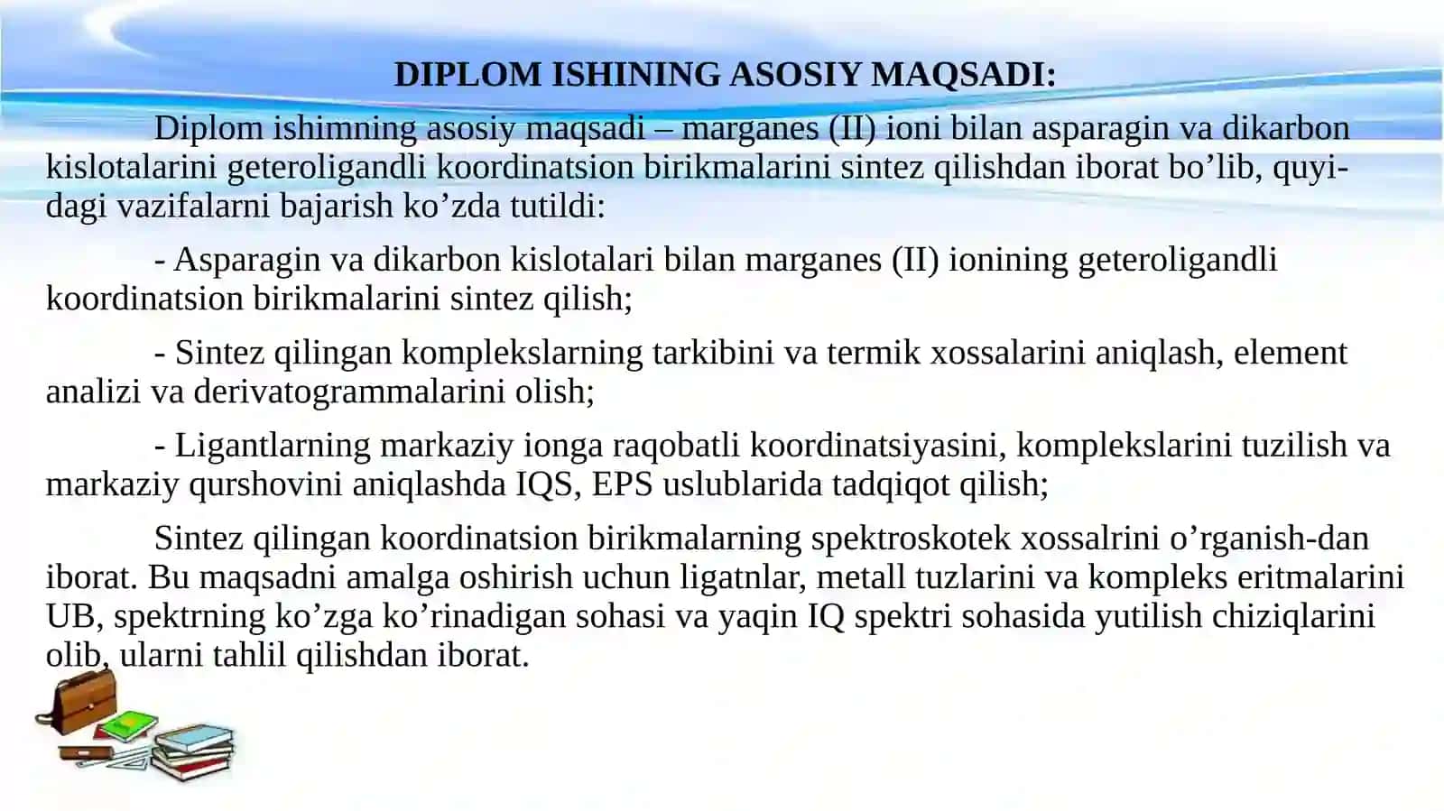 Marganets(II)ionining N, O2 va Stutganligan tlar bilan koordinatsion birik-malari ning sintezivati addqiqoti 2