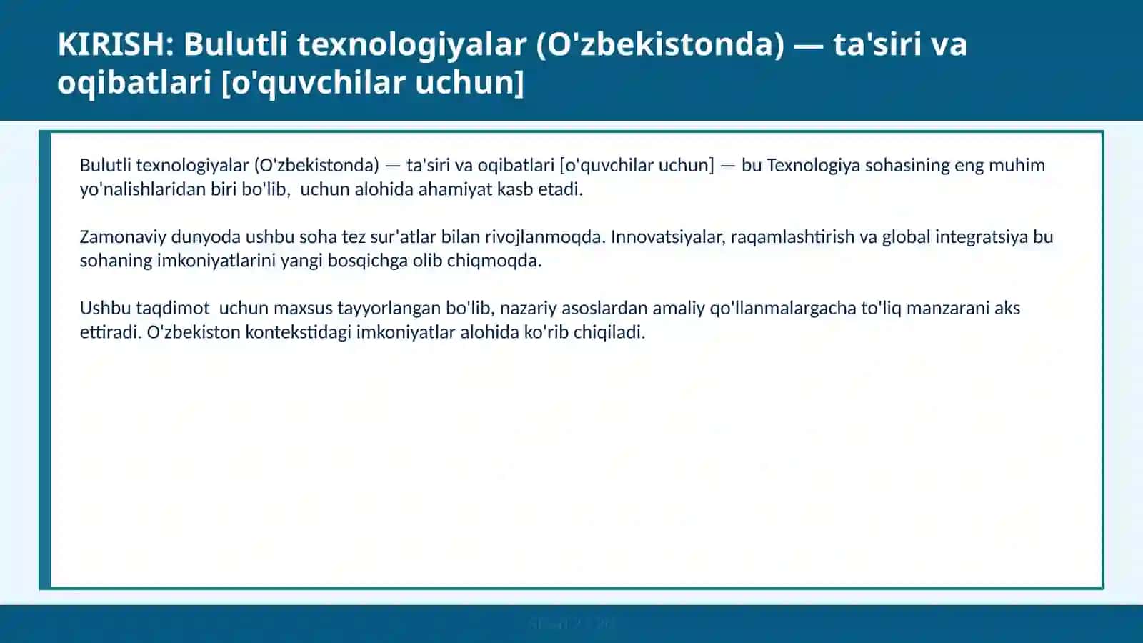 Bulutli texnologiyalar (O'zbekistonda) — ta'siri va oqibatlari [o'quvchilar uchun] 2
